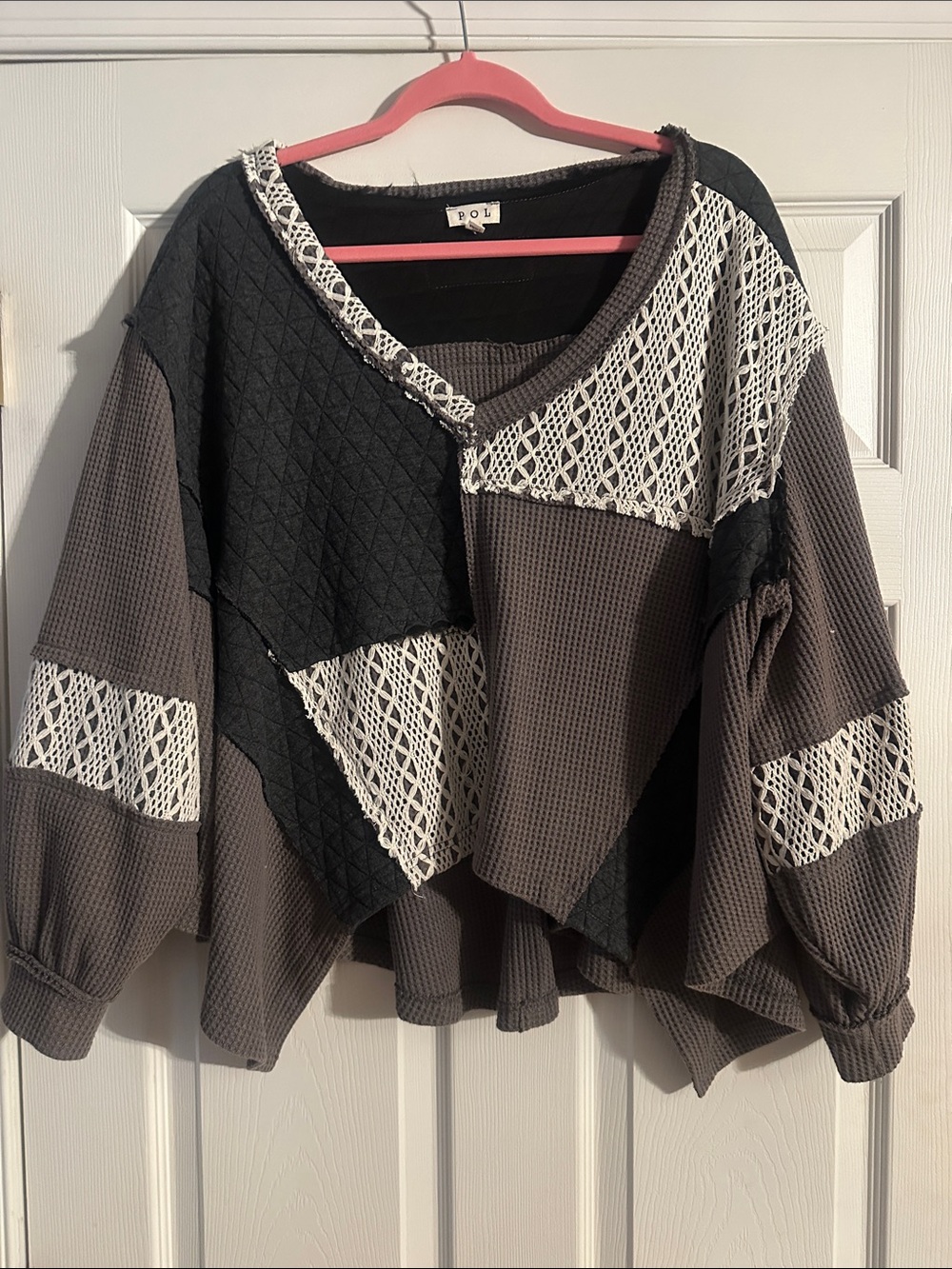 POL Patchwork Knit Pullover in Charcoal, Black & White